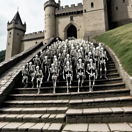 Prompt: An army of skeletons charging the castle steps.