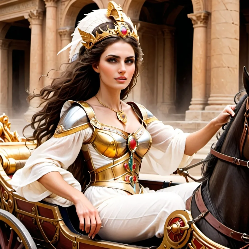 Prompt: A beautiful woman driving a chariot. 