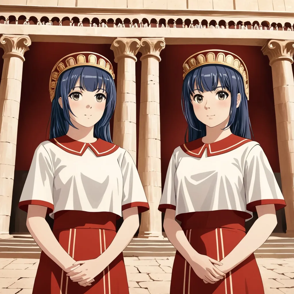 Prompt: two girls in matching uniforms standing next to each other in front of Roman chariots.