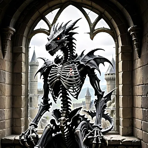 Prompt: a dragon undead skeleton in a castle with a large window behind it.