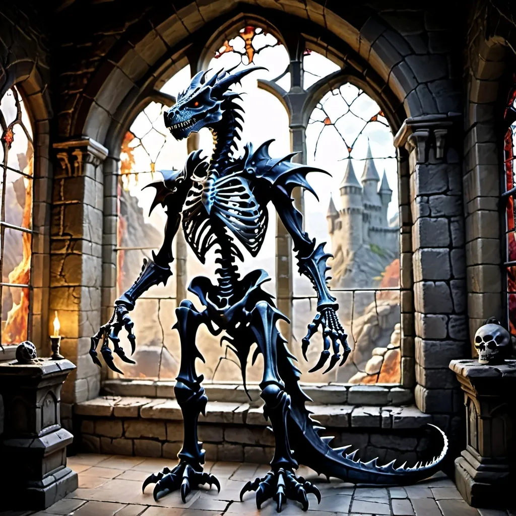 Prompt: a dragon undead skeleton in a castle with a large window behind it.