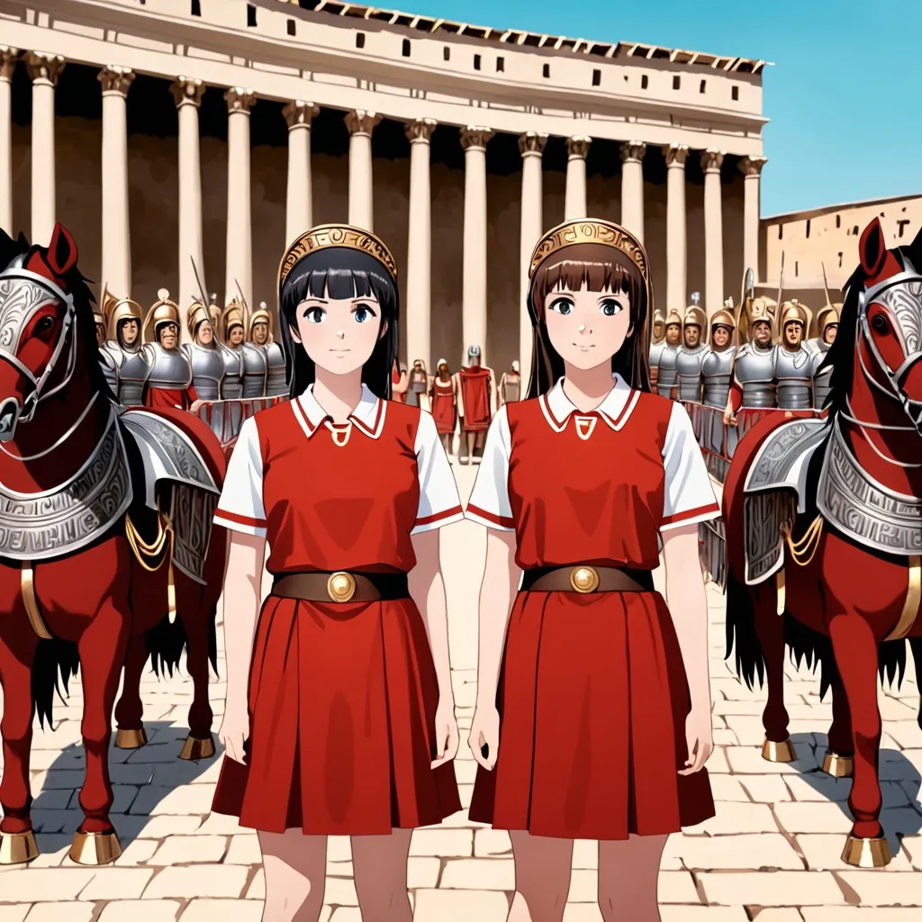 Prompt: two girls in matching uniforms standing next to each other in front of Roman chariots.