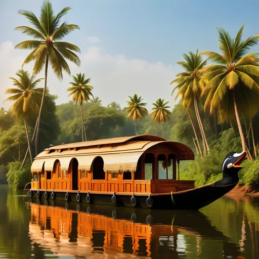 Prompt: "Create an image of a picturesque Kerala backwater scene featuring a traditional double duck houseboat. The houseboat should be designed with elegant woodwork and thatched roofing, and it should be occupied by happy guests enjoying their stay. The guests should be relaxed and dressed in casual, tropical attire. Surround the houseboat with lush, vibrant tropical vegetation. The water should be calm and reflective, mirroring the clear, bright blue sky overhead with a few soft, white clouds. Capture the serene and idyllic atmosphere of Kerala’s backwaters, emphasizing the comfort and beauty of the houseboat experience." remove coconut tree.