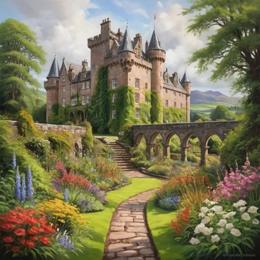 Prompt: Castle in Scotland with blooming garden, lush greenery, majestic architecture, high definition, realistic, oil painting, serene atmosphere, vibrant colors, natural lighting, detailed textures, historic, romantic setting, picturesque landscape, grandeur, traditional, Scottish, garden flowers, tranquil, peaceful ambiance