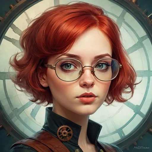 Prompt: comic book style, digital painting, portrait of a pretty young woman, short red hair, large glasses, steampunk world, anna dittmann