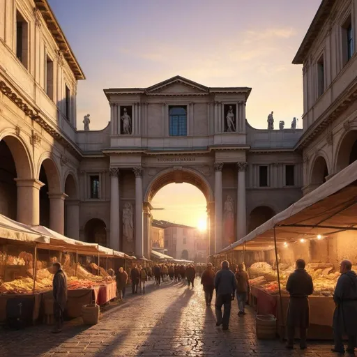 Prompt: Grand entrance to a Roman market at sunset