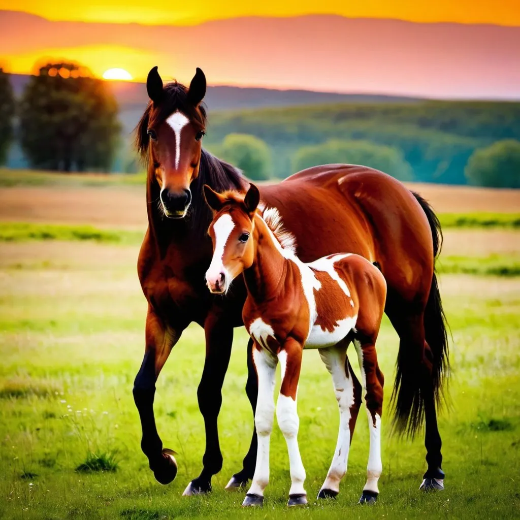 Prompt: a beautiful mare and her foal in a meadow at sunset