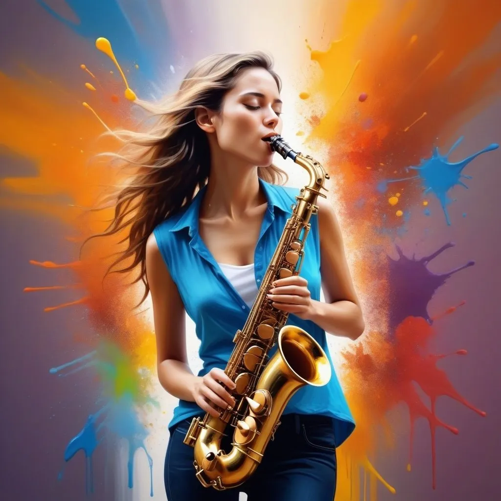 Prompt: Beautiful young woman action painting playing a saxophone Hyperrealistic, splash art, concept art, intricately detailed, color depth, dramatic, side light, colorful background filmic