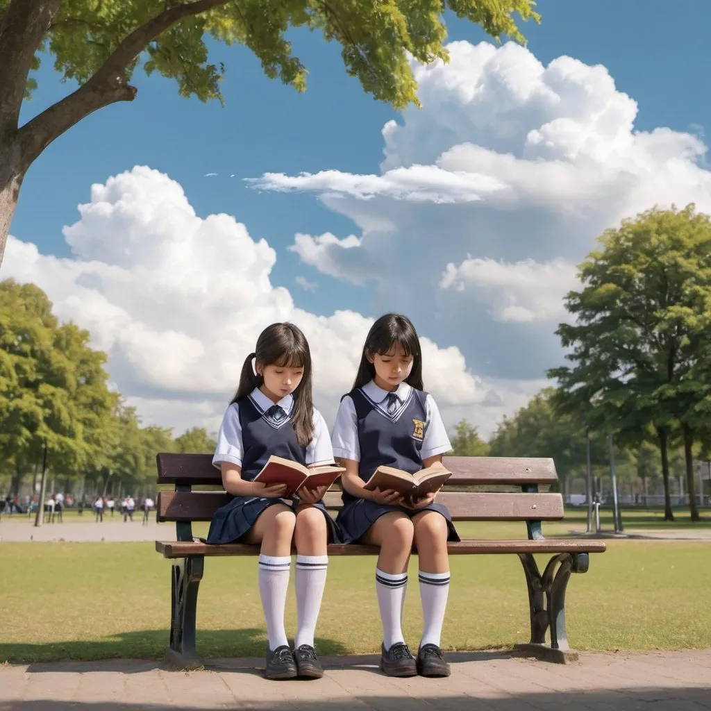 Prompt: Two schoolgirls in uniform sitting on a bench in a peaceful park, one reading a book while the other gazes up at the clouds, lost in thought.