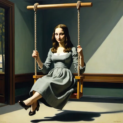 Prompt: Mona Lisa swinging on a swing style edward hopper