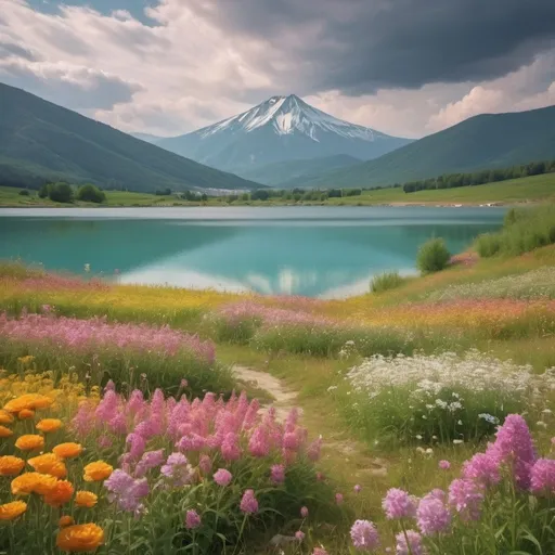 Prompt: a field of flowers with a mountain in the background with a lake in the foreground and a cloudy sky, Aya Goda, color field, beautiful landscape, a pastel