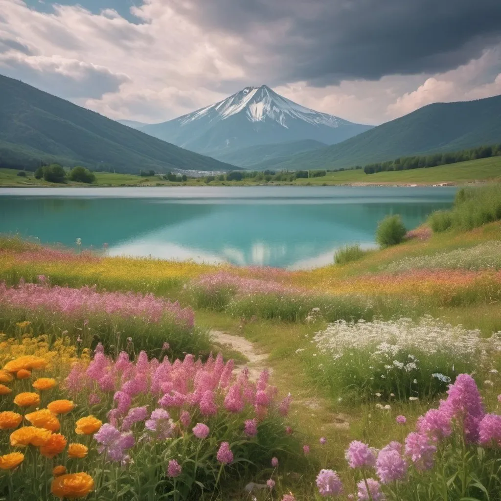 Prompt: a field of flowers with a mountain in the background with a lake in the foreground and a cloudy sky, Aya Goda, color field, beautiful landscape, a pastel