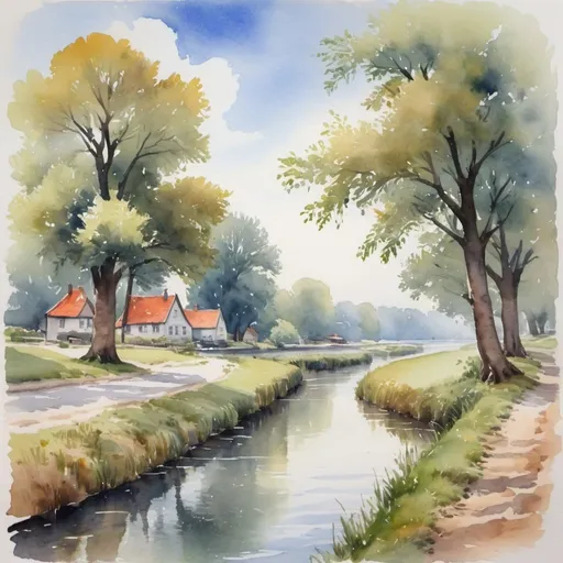 Prompt: een idylisch dorpje aan de oever van een rivier, watercolor