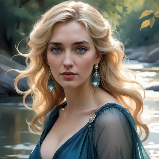 Prompt: Watercolor wash painting, Portrait of a beautiful woman with an elegant deepblue dress, fur stole, perfect face, perfect large eyes, elegant blond hair, diamond earrings,Kate Winslet, Harrison Fisher, walking along a river, 8k resolution concept art by Greg Rutkowski dynamic lighting hyperdetailed intricately detailed Splash art trending on Artstation triadic colors Unreal Engine 5 volumetric lighting Alphonse Mucha WLOP Jordan Grimmer orange and teal