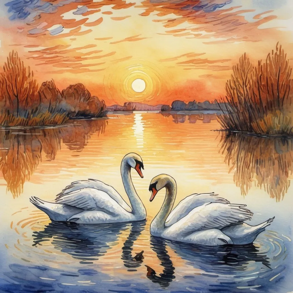 Prompt: a devoted swan couple on a sunset lake watercolor van gogh