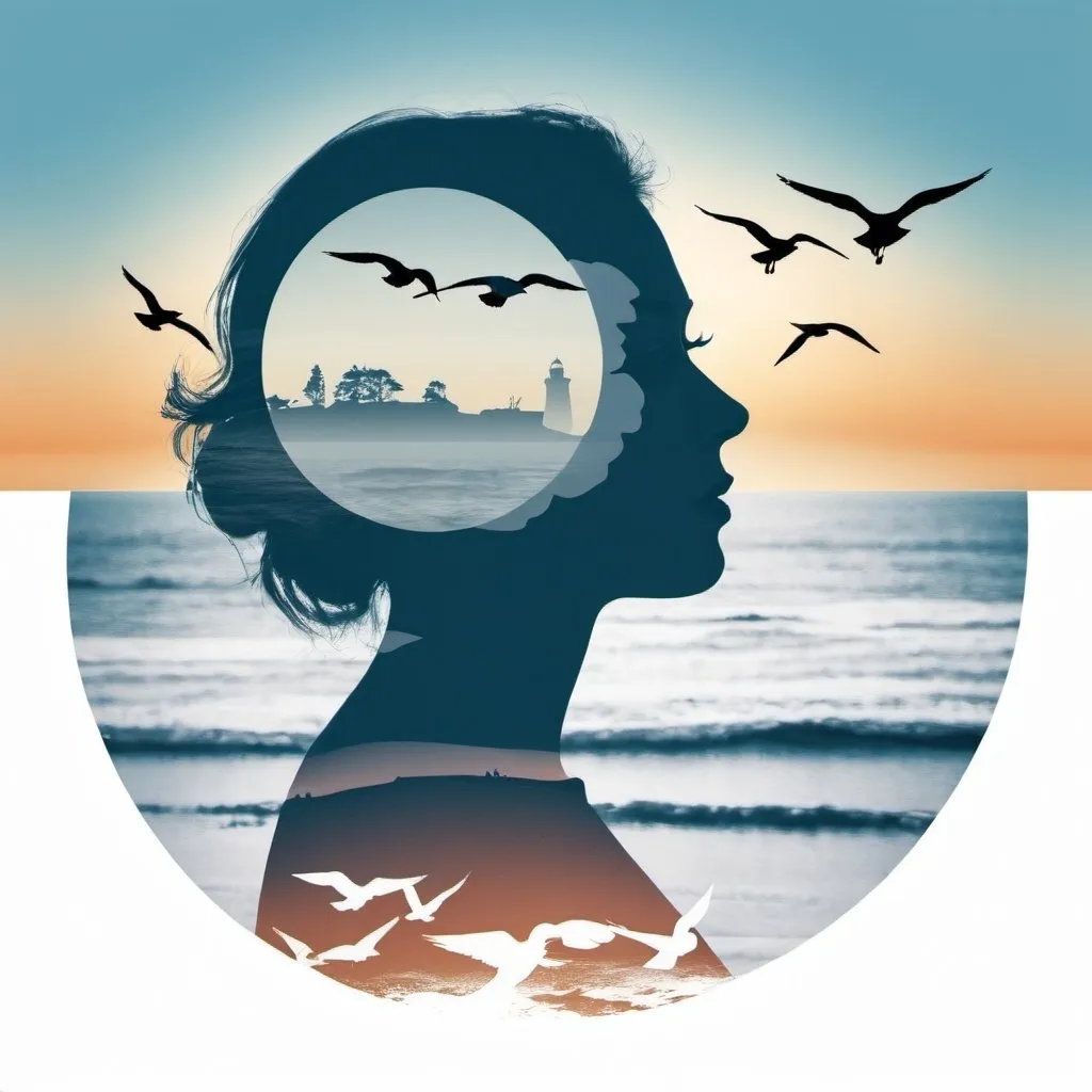 Prompt: Double exposure image with a silhouette of a woman filled with a seascape and seagulls, illustration