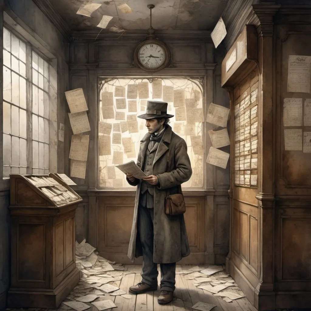 Prompt: a solitary figure standing in a desolate, abandoned post office with a bundle of unopend letters. The individual is dressed in vintage clothing, complete with a worn hat and a coat adorned with intricate patterns. The background is a haunting blend of cobweb-covered mail slots and faded, yellowed posters Gustave Doré watercolor trending on Artstation