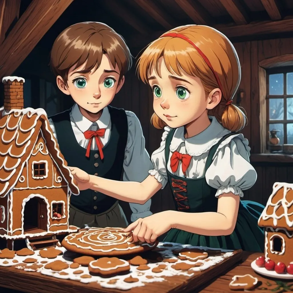 Prompt: an image of the story of Hansl and Gretl and the witch in the gingerbread house. The boy is Hansl and the girl Gretl. Masterpiece, Best Quality, flat, Manga Scan, Anime, cinematic lighting, drawn Art, by Studio Trigger, clip studio paint, Anime Wallpaper, Deep Color, Cel-Shaded