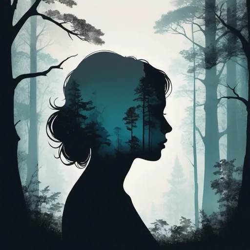 Prompt: Double exposure portrait of a (sad woman silhouette :1.5) side profile, merged with a (mystical forest scene: 0.7) , blank background, vector illustration, liquid ink, fluid, expressive, different shades and tones, captivating atmosphere, tone mapped, centered,  intricate, elegant, highly detailed, digital painting, artstation,abstract, concept art, smooth, sharp focus, illustration , minimalist 