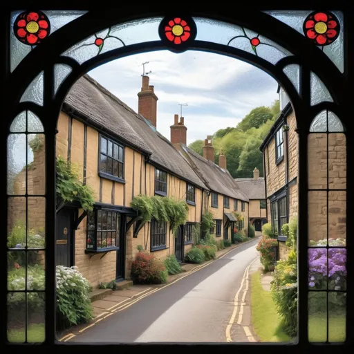 Prompt: a romantic village in England, stained glass effect