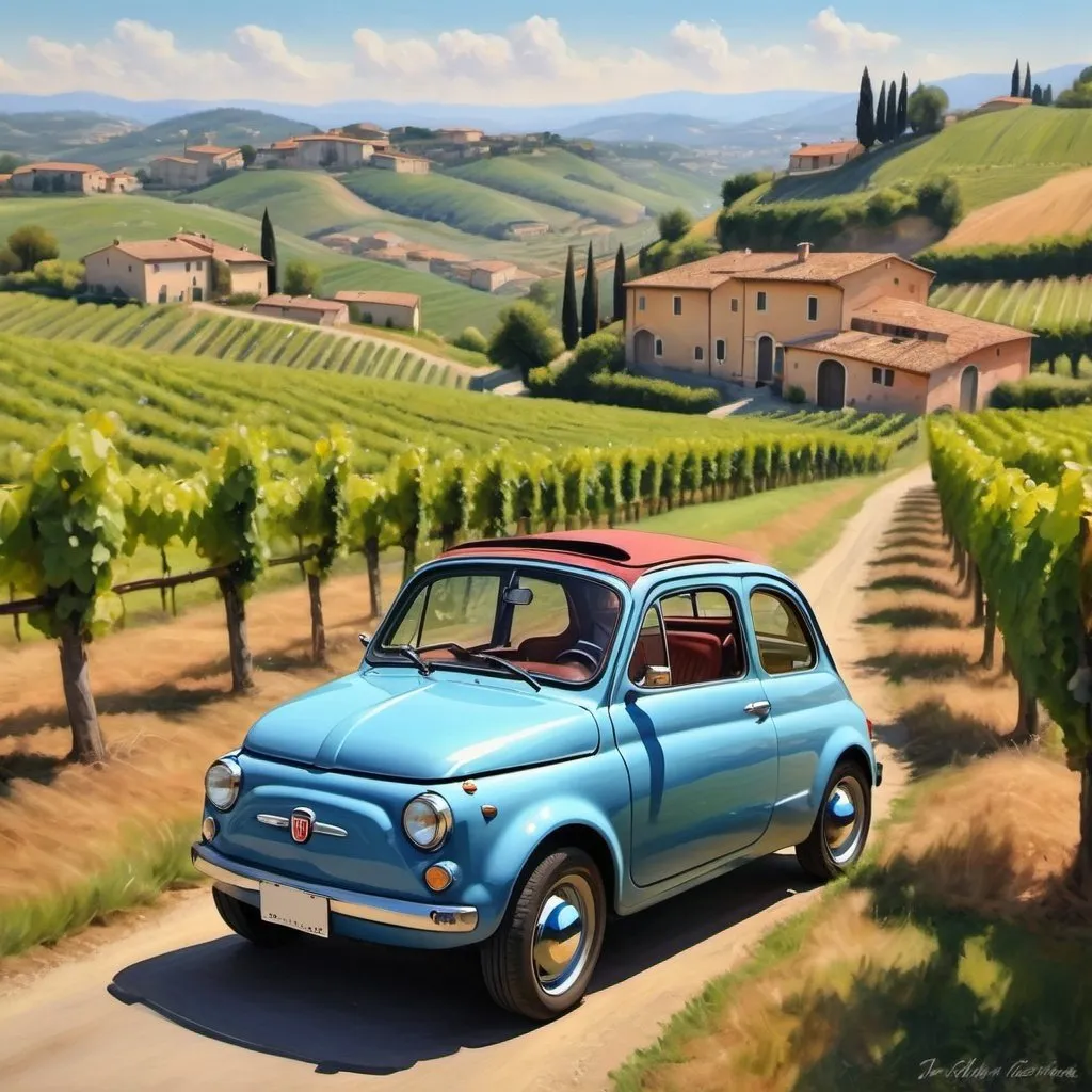 Prompt: Immerse yourself in the Italian countryside with a Fiat 500 surrounded by rolling hills and vineyards, captured in a realistic oil painting style