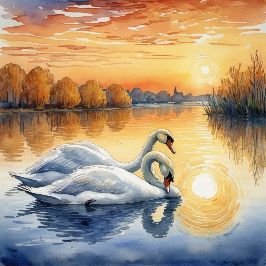 Prompt: a devoted swan couple on a sunset lake watercolor van gogh