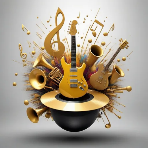 Prompt: "[Golden Monochrome Harmony]: [((vibrant)), ((dynamic)), (colorful), [3D Music Explosion], [create a visually dynamic splash art piece that captures the energy of music], [render subjects in a highly reflective, polished gold, set against a monochrome background], [depict musical notes, sound waves, and instruments with a burst of vibrant hues, enhancing the three-dimensional aspect], [experiment with different color combinations to evoke mood and rhythm]."