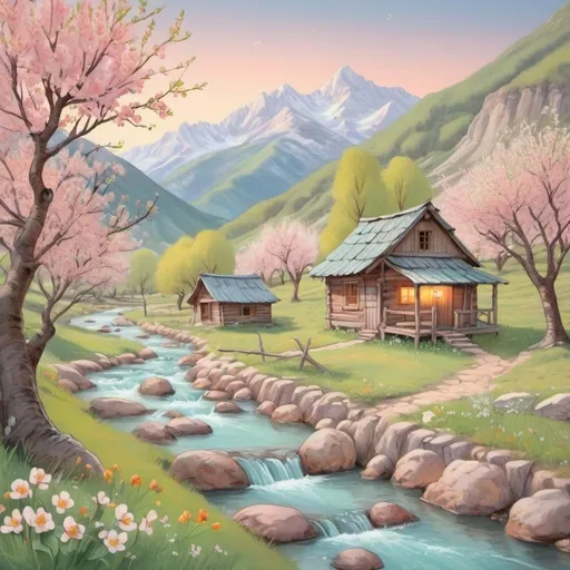 Prompt: pastel color spring mountain stream, blooming apricots, old huts, very cozy lighting, J. G. Quintel storybook illustration