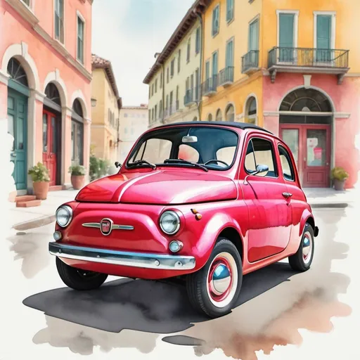 Prompt: Experience the charm and nostalgia of a vintage Fiat 500, rendered in a whimsical watercolor style with vibrant pops of color.