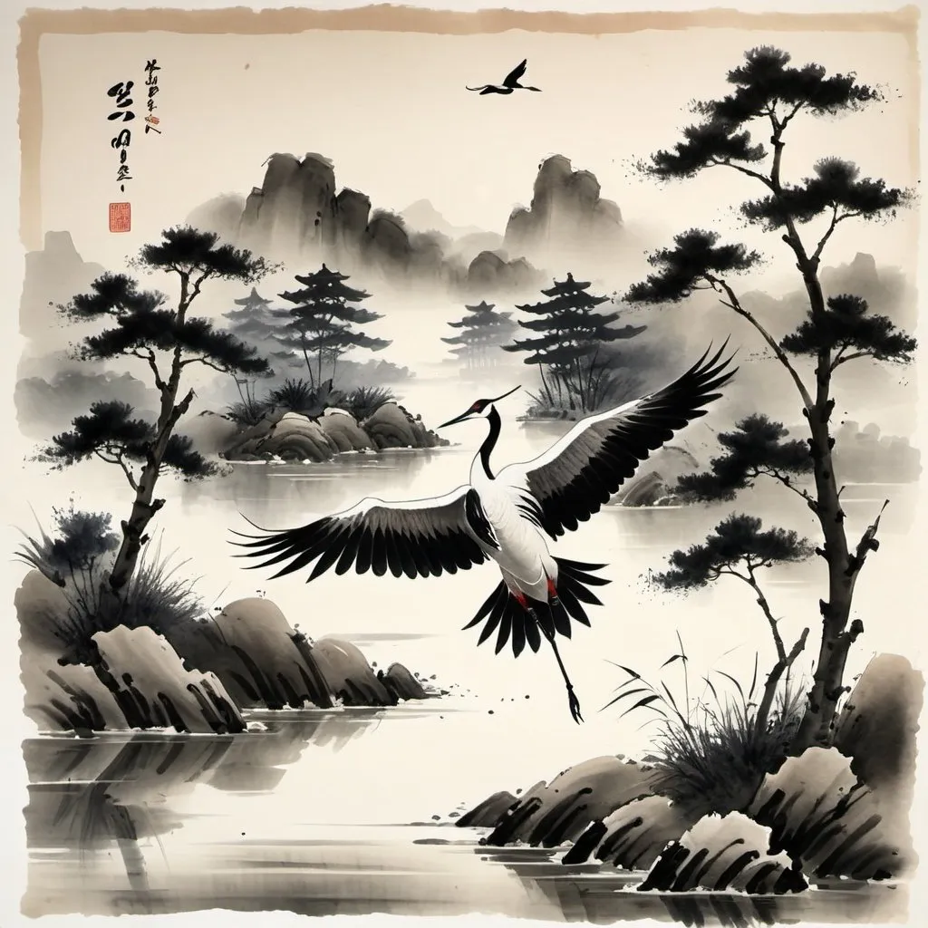 Prompt: Flying crane, landscape, watercolor painting, sumi-e painting, serene, on rice paper, traditional style, 