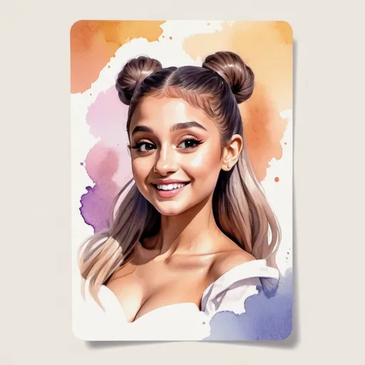 Prompt: "Mercante in fiera" card style, Ariana Grande, playful smile, emerging from card, 🎶 symbol, watercolor aesthetic, stylized 3d face, renaissance costume, flirting pose, minimal shadow outline, glow effect, nature background, clean card texture, high contrast, dynamic eccentric lighting, artful composition, modern visual pun, graphic tableau
