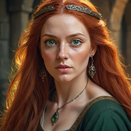 Prompt: Beautiful medieval woman, long red hair, deep green eyes.Hyperrealistic, splash art, concept art, mid shot, intricately detailed, color depth, dramatic, 2/3 face angle, side light, colorful background