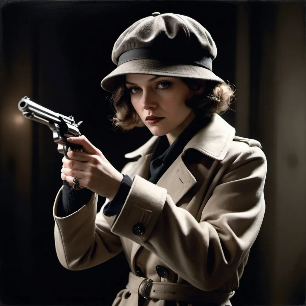 Prompt: city street, 1920s female detective, held held down in dynamic pose, trench coat, holding a revolver, half body view, Gottfried Helnwein art style, set against a dimly lit, chiaroscuro lighting, mysterious background, profile view, emphasizing strong contrasts between light and shadow. by 