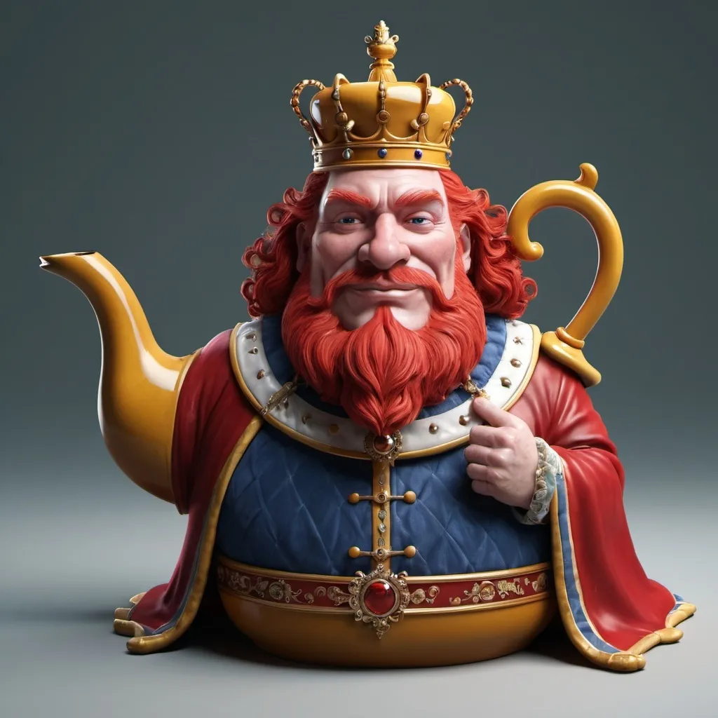 Prompt: A 3D render of a teapot in the shape of a king with red hair, realistic, artstation, cg