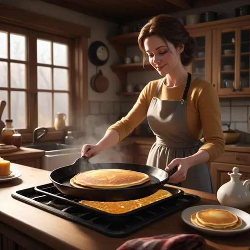 Prompt: A cozy kitchen scene with a housewife expertly flipping golden pancakes on a cast iron skillet, the aroma of warm maple syrup filling the air. Unreal Engine Eldritch detailed matte painting