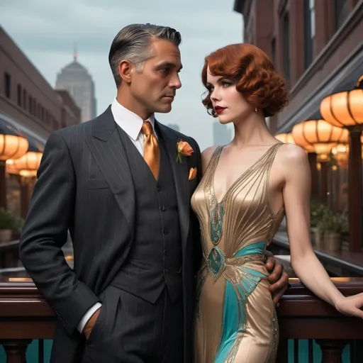 Prompt: Art deco couple, channelling the glamour of The Great Gatsby, standing on a Gotham City casino terrace, red bob, grey eyes channeling Nicole Kidman, tall and robust black-haired man with brown eyes reminiscent of a youthful George Clooney, in their thirties , exuding elegance and intrigue, 8k resolution concept art by Greg Rutkowski dynamic lighting hyperdetailed intricately detailed Splash art trending on Artstation triadic colors Unreal Engine 5 volumetric lighting Alphonse Mucha WLOP Jordan Grimmer orange and teal