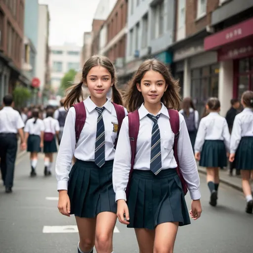 Prompt: Two schoolgirls in uniform walking through a bustling city street, one with a mischievous grin and the other with a determined look in her eyes.