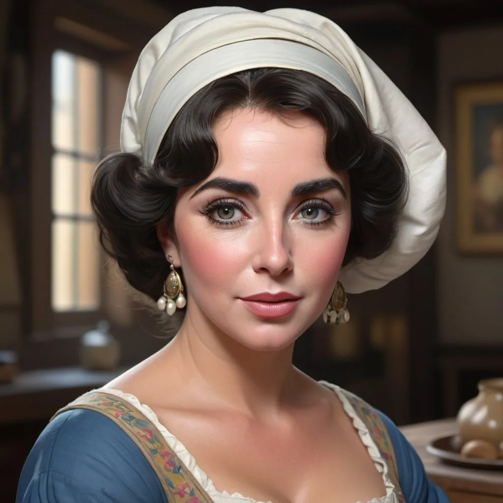 Prompt: Elizabeth Taylor as a milkmaid style Vermeer head and shoulders portrait, 8k resolution concept art portrait by Greg Rutkowski, Artgerm, WLOP, Alphonse Mucha dynamic lighting hyperdetailed intricately detailed Splash art trending on Artstation triadic colors Unreal Engine 5 volumetric lighting