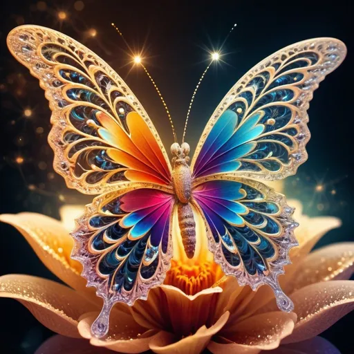 Prompt: a beautiful arrangement of a flower with a little butterfly, shimmering dust, sparkles, double exposure, superimposed intricate designs, intricate fractal light, vivid rich warm colours, digital art, high contrast, ultra sharp, organic, ultra glow , lightplay, stunning, filigree