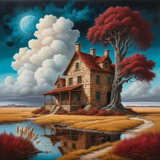 Prompt: Art style by Albert Eckhout
Acrylic painting of a stone farmhouse embraced by imposing ancient trees, set against a landscape of dark reds, teals, and golds, cattails and grasses whispering at the edge of a sandy shore, under a sky where space nebulae meld with dramatic clouds, intricate details in the style of Jacek Yerka and Salvador Dali, magical, beautifully rendered in high definition.