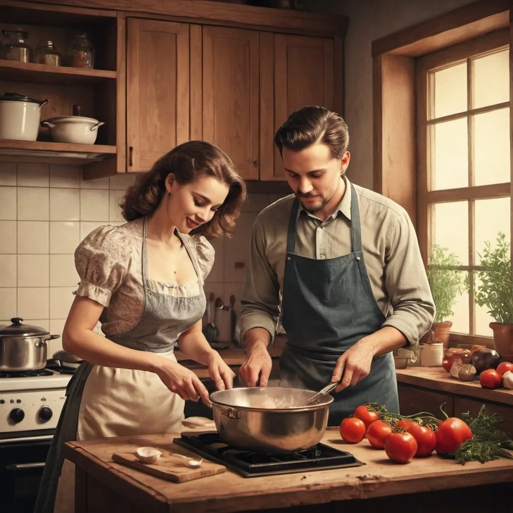 Prompt: a man and a woman are cooking together in the kitchen,vintage, digital art