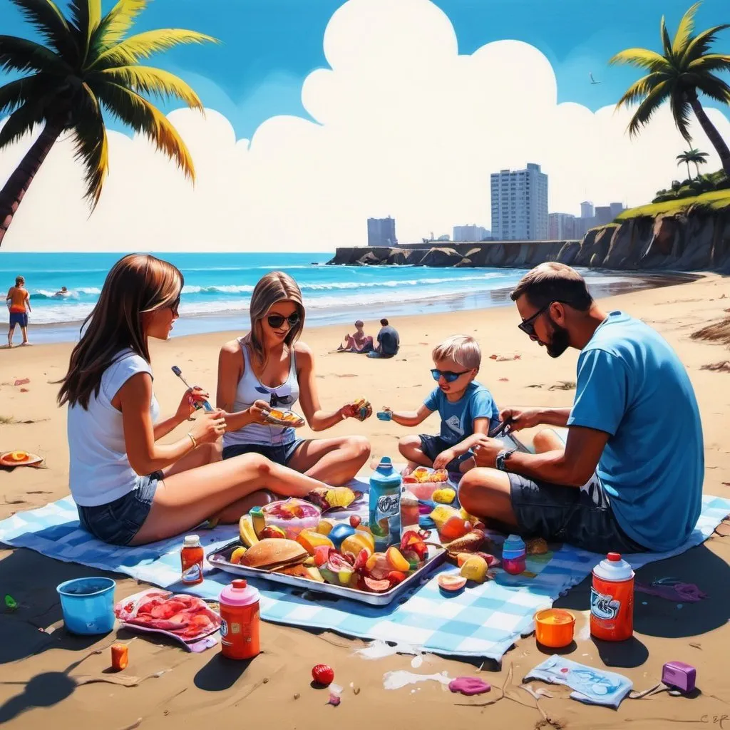 Prompt: a family picnic at the beach graffiti art, splash art, street art, spray paint, oil gouache melting, acrylic, high contrast, colorful polychromatic, ultra detailed, ultra quality, CGSociety