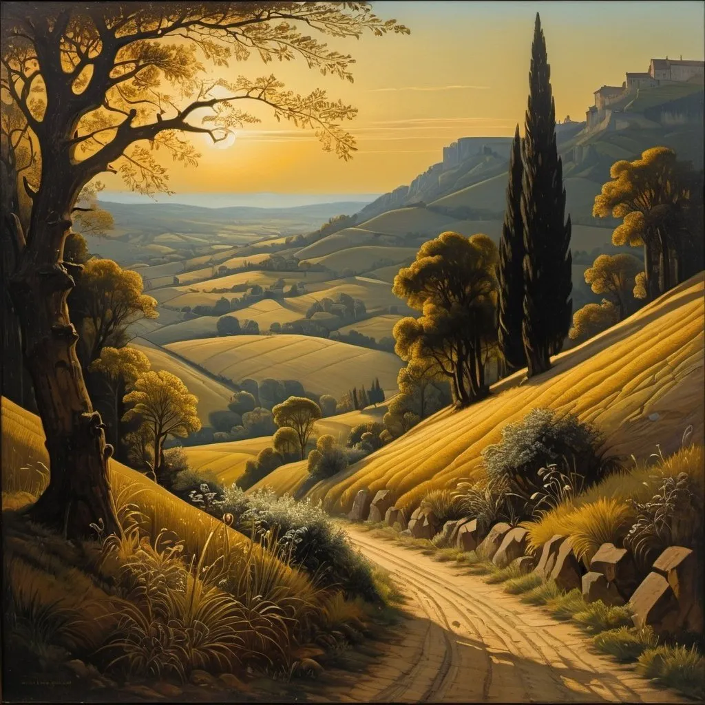 Prompt: Sgraffito natural landscape, thick oil on canvas, gouache, chiaroscuro, evening shadows, golden, Alois Arnegger.  Intricately detailed.  