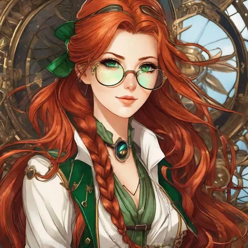 Prompt: Isolde has long, red hair that falls gracefully down her back, often tied in a simple, efficient braid. Her eyes, emerald green, are captivating and carry an air of mystery and intensity. She typically dons a practical leather jacket, adorned with an array of intricate spyglasses, telescopes, and monoculars. 

Airship pirate. Steampunk. Anime style. UHD