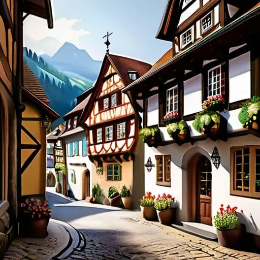 Prompt: In the heart of a charming medieval village, cobblestone streets wind past bustling merchants on market day, elegant half-timbered houses, and serene alpine landscapes. Reminiscent of classic illustration art from an enchanting old German fairytale, this picturesque scene is brought to life with impeccable detail and warm nostalgia. The image, likely a painting, exudes a cozy and inviting atmosphere, with every nook and cranny painted in vivid hues and intricate patterns. Truly a masterpiece that captures the essence of a bygone era with exquisite precision.