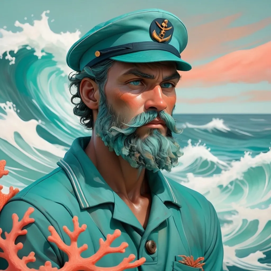 Prompt: Illustration of a sailor with a rugged appearance blending seamlessly into an abstract seascape. The cooler teal shades of the ocean play off the warm undertones of his skin, while coral nuances highlight the details of his face. This union of man and sea symbolizes the connection between tangible reality and ethereal dreams.