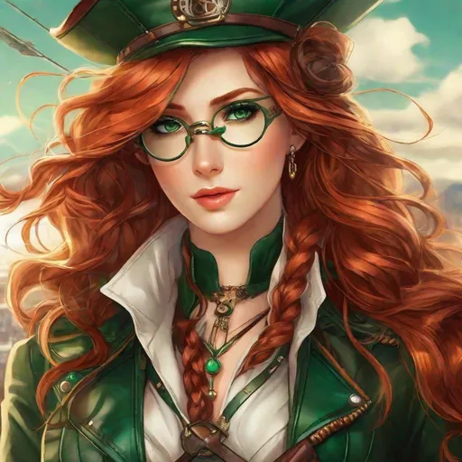 Prompt: Isolde has long, red hair that falls gracefully down her back, often tied in a simple, efficient braid. Her eyes, emerald green, are captivating and carry an air of mystery and intensity. She typically dons a practical leather jacket, adorned with an array of intricate spyglasses, telescopes, and monoculars. 

Airship pirate. Steampunk. Anime style. UHD