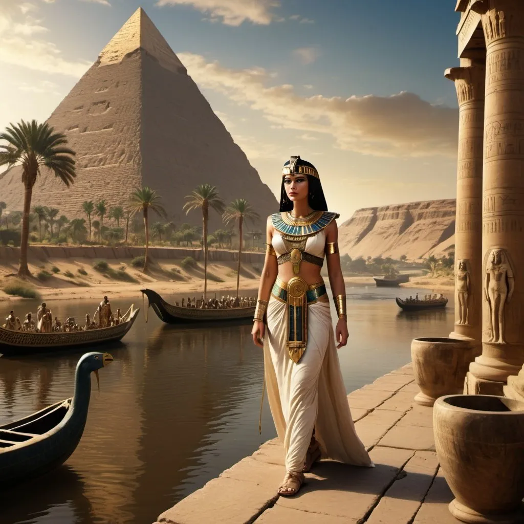 Prompt: Cleopatra is walking along the river Nile with her servants Epic cinematic brilliant stunning intricate meticulously detailed dramatic atmospheric maximalist digital matte painting