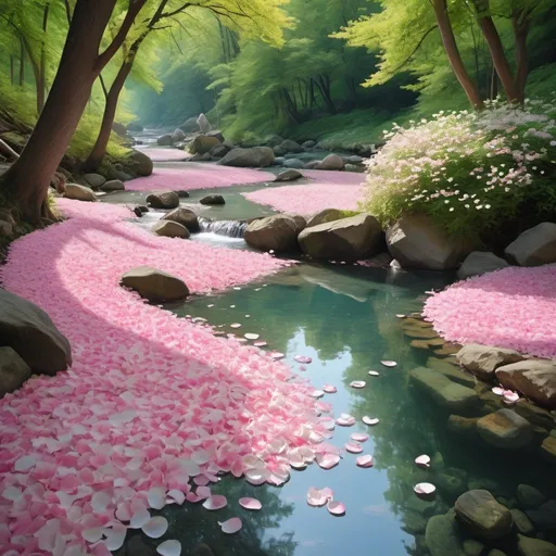 Prompt: A tranquil oasis of pink and white petals, dancing in the gentle breeze as they fall into the crystal clear waters of a winding stream.