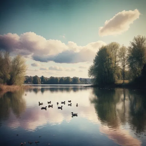 Prompt: Watercolour, lake with ducks and beautiful sky Cinematic film still, shot on v-raptor XL, film grain, vignette, color graded, post-processed, cinematic lighting, 35mm film, live-action, best quality, atmospheric, a masterpiece, epic, stunning, dramatic